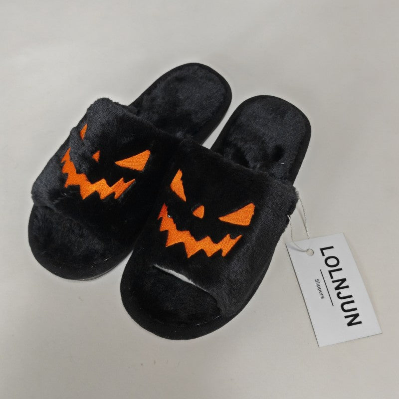 LOLNJUN Pantuflas peludas de Halloween con bonito diseño de calabaza